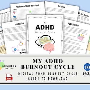 Op de afbeelding: Een digitale downloadgids voor het begrijpen van de ADHD-burnoutcyclus. De gids bevat een kleurrijke illustratie van een hersenen en de tekst "Mijn ADHD-burnoutcyclus" in een witte banner met een roze en blauwe achtergrond. De gids is 16 pagina's lang en bevat informatie over hyperfixatie, verlamming, burnout en verwaarlozing.