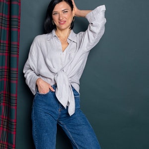 Women&#39;s oversized long linen shirt. Loose fit blouse in washed linen