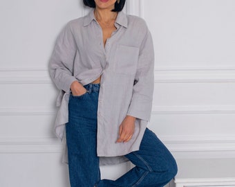 Women's oversized linen shirt. Loose fit blouse in washed linen