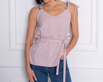 Linen top with thin straps. Women's linen blouse with a belt. Linen loose top.