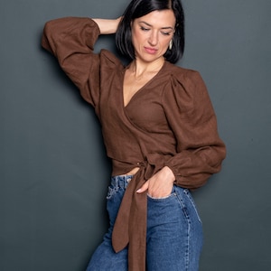 Women&#39;s Linen Wrap Blouse. Long Sleeve Blouse. Linen Wrap Top. Women&#39;s Linen Shirt