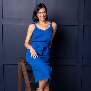 Linen spaghetti strap dress with a belt. Elegant linen dress for women with ruffles.