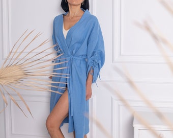 Women's linen oversized kimono robe with a belt. Linen wrap dressing gown.