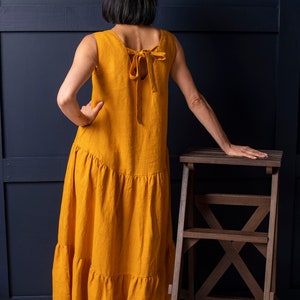 Women's long linen sundress with ruffles free cut. Summer linen maxi beach dress. Linen dress with a loose fit. image 4