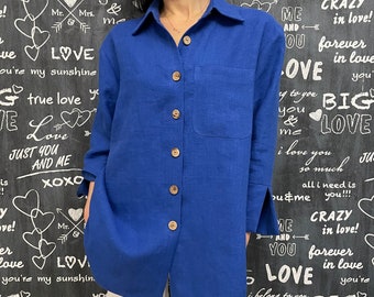 Women's long linen blue shirt. Washed linen loose fit blouse