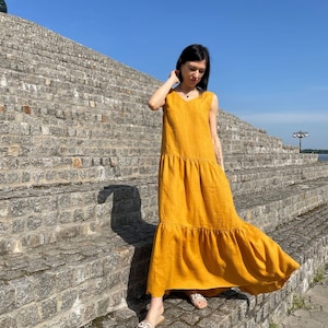 Women's long linen sundress with ruffles free cut. Summer linen maxi beach dress. Linen dress with a loose fit. image 1