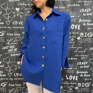 Women&#39;s long linen blue shirt. Washed linen loose fit blouse