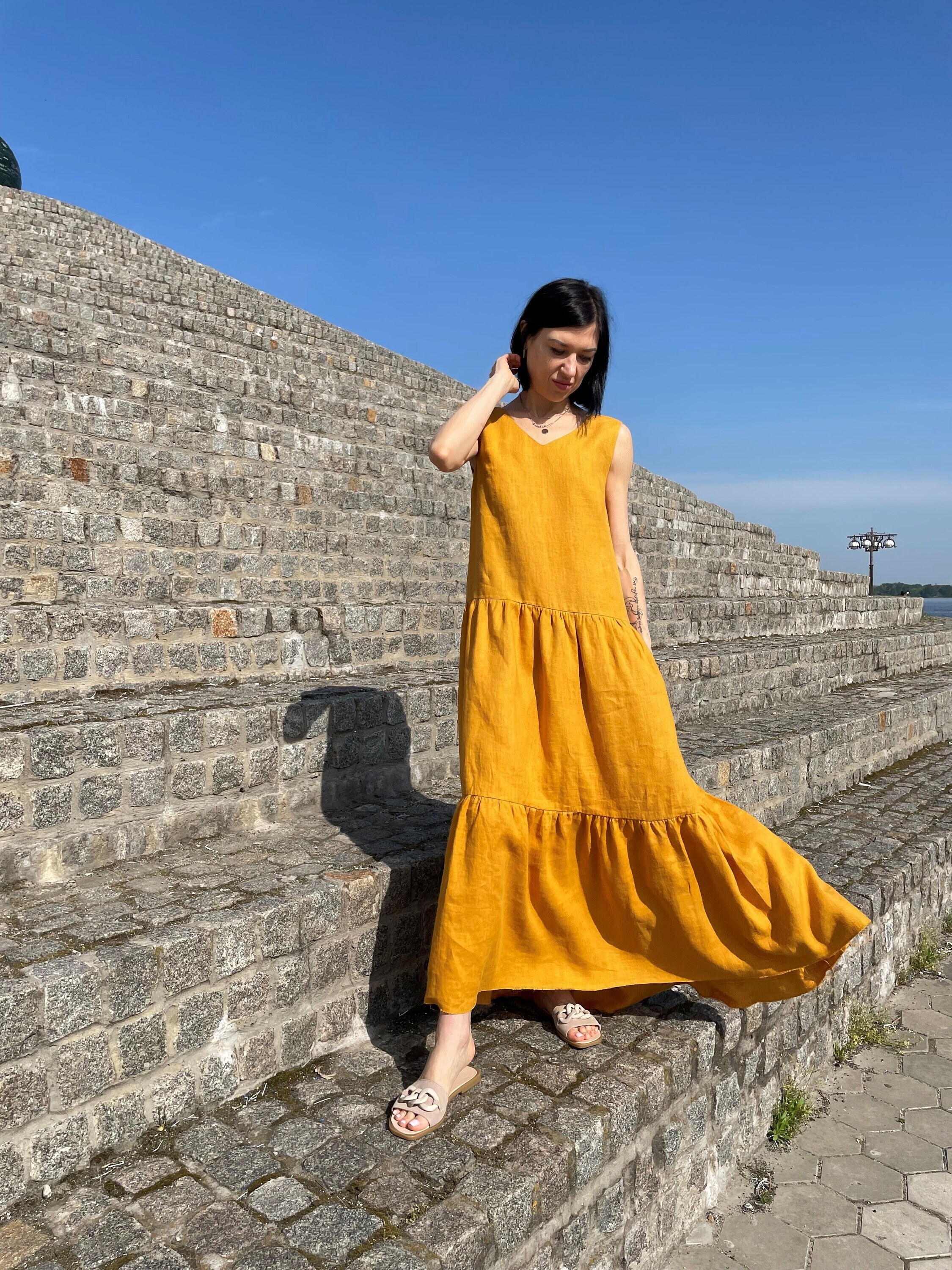 Cotton and linen ruffled chest strap dress discount