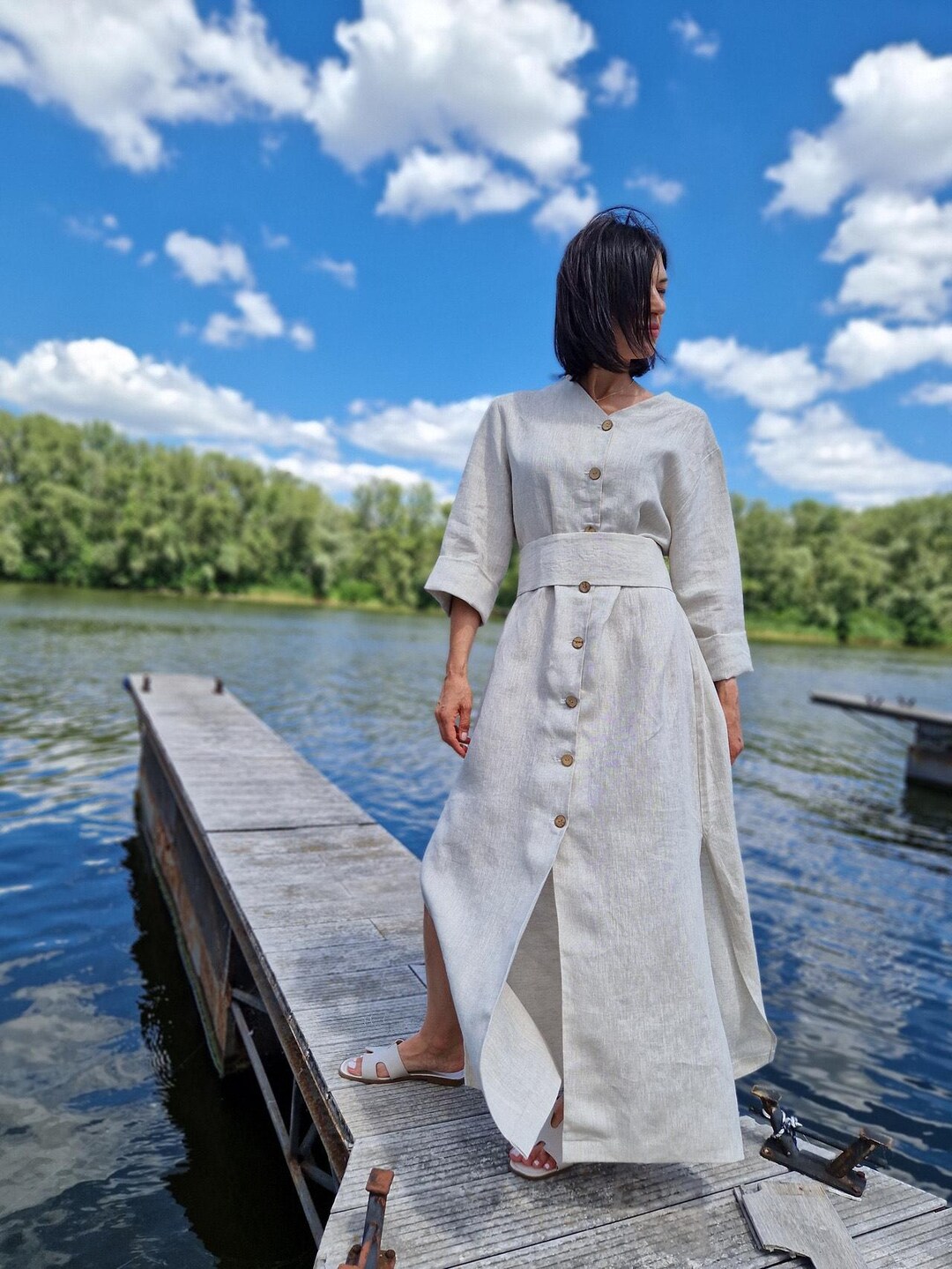 Women's Grey Linen Dress. Maxi Linen Dress in Natural Color. Linen Dress with A Belt. Gray Linen Maxi Dress. Loose Linen Dress.