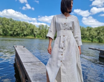 Women's grey linen dress. Maxi linen dress in natural color. Linen dress with a belt. Gray linen maxi dress. Loose linen dress.