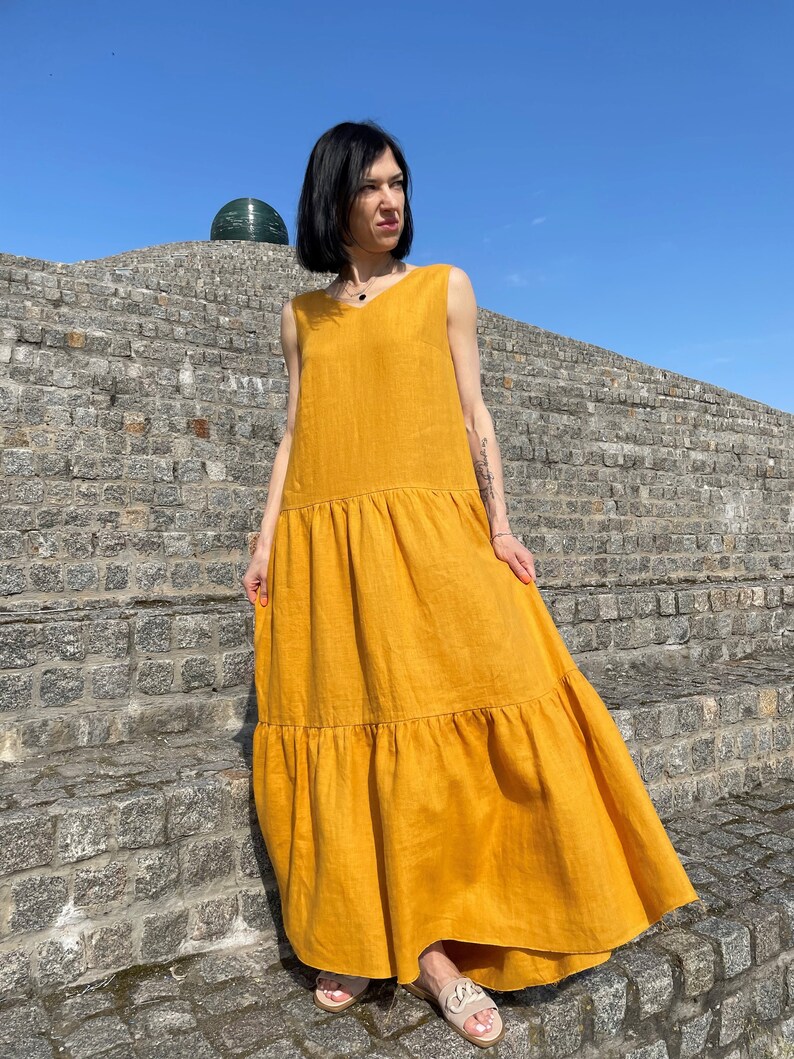 Women's long linen sundress with ruffles free cut. Summer linen maxi beach dress. Linen dress with a loose fit. image 3