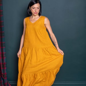 Women's long linen sundress with ruffles free cut. Summer linen maxi beach dress. Linen dress with a loose fit. image 5