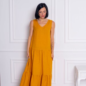 Women's long linen sundress with ruffles free cut. Summer linen maxi beach dress. Linen dress with a loose fit. image 6