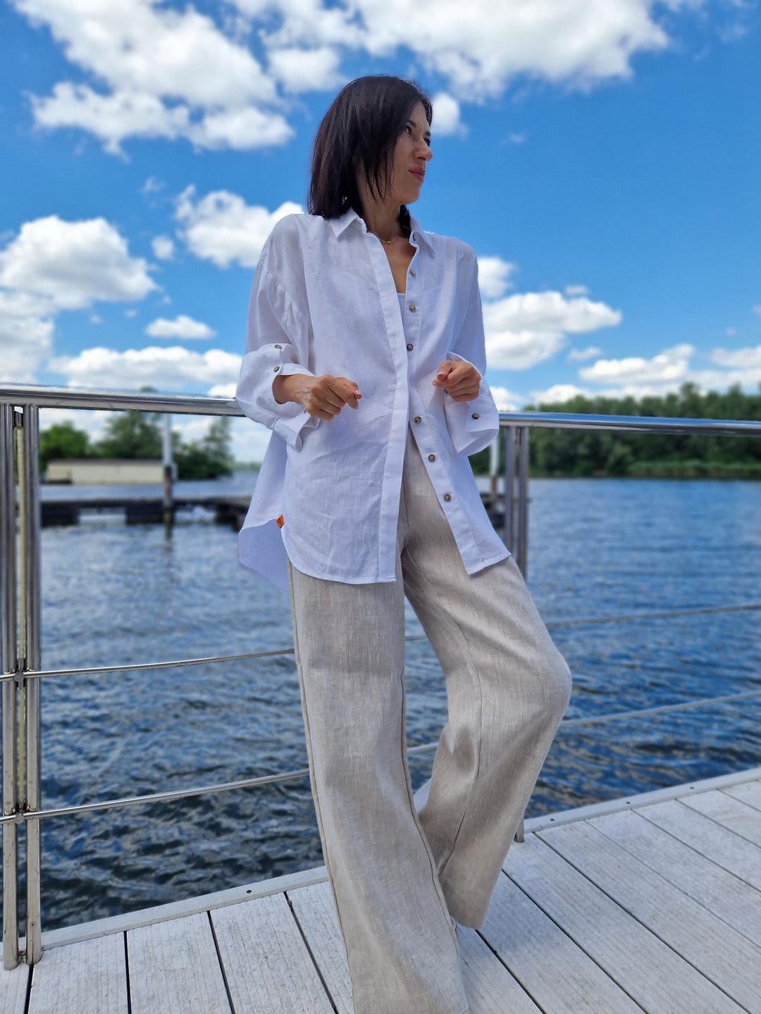 Women Summer Vintage Pure Color O Neck Linen Suits