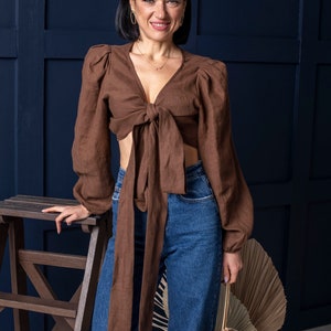 Women&#39;s linen shirt with a smell. Blouse With Long Sleeves. Linen Cape On Top. Women&#39;s Linen Blouse