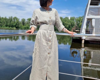 Abito oversize in lino con cintura. Abito in lino da donna. Abito oversize in lino. Abito maxi in lino da donna. Abito in lino ampio. Abito in lino blu scuro