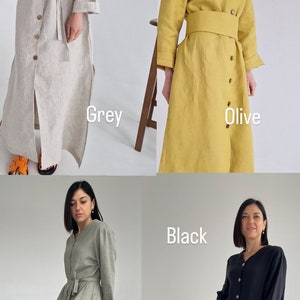 Pu&ograve; includere: Quattro abiti in lino di diversi colori: grigio, oliva, verde e nero. Ogni abito ha un collo a V, maniche lunghe, una chiusura con bottoni sul davanti e una cintura.