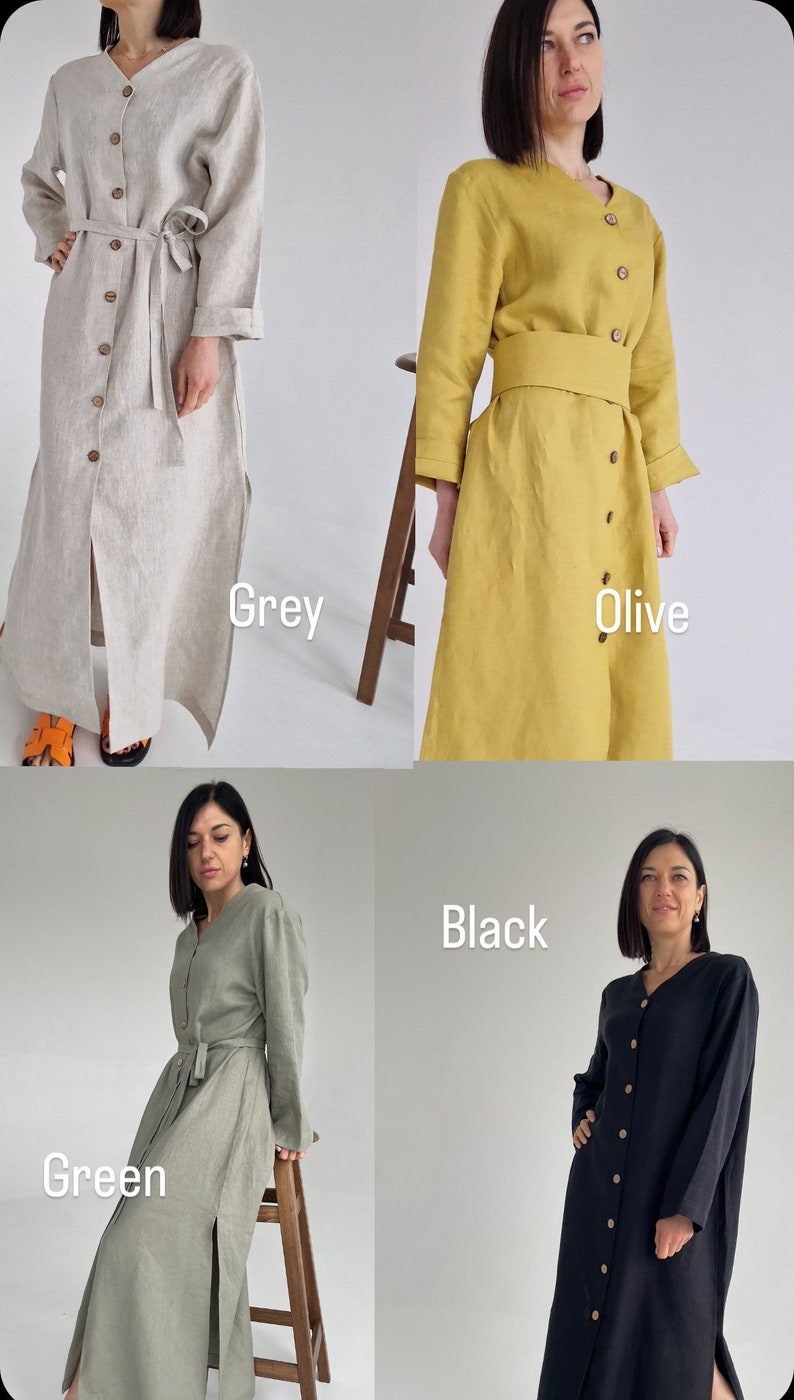 Pu&ograve; includere: Quattro abiti in lino di diversi colori: grigio, oliva, verde e nero. Ogni abito ha un collo a V, maniche lunghe, una chiusura con bottoni sul davanti e una cintura.