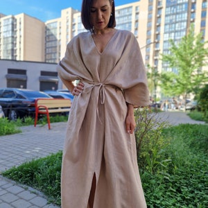 Long linen kimono dress &quot;Dune&quot;. Women&#39;s linen dress oversize. Linen Kimono Dress. Loose linen dress.
