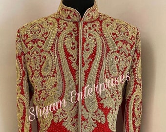 Men’s sherwani,Nehru jacket,men’s kurta pyjama,Groom Sherwani,red sherwani,men’s ethnic wear,maroon sherwani, Indian groom,Jodhpuri