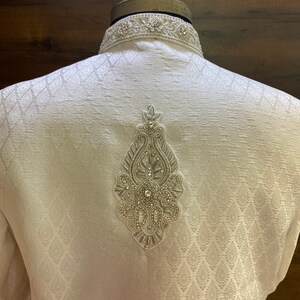 Groomsmen, groom Sherwani,Indian groom wear, white sherwani,groom outfit, groom wear, shawl, beige groom outfit,kurta jacket, turban, image 6