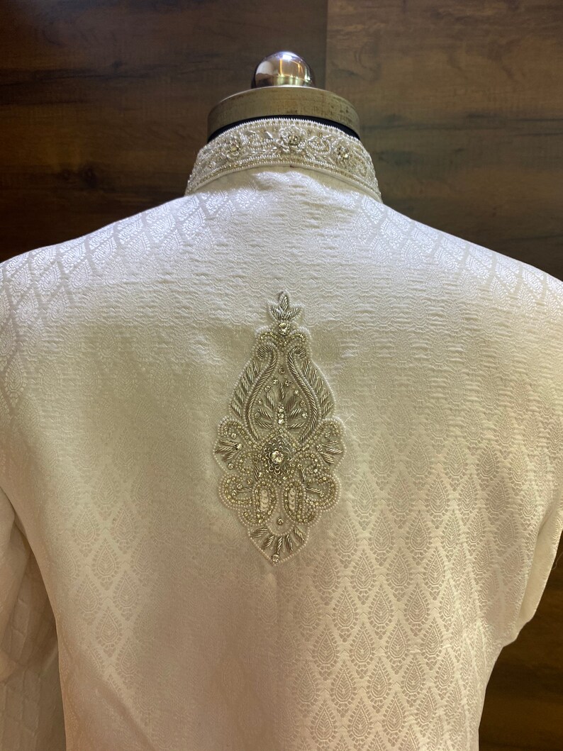 Groomsmen, groom Sherwani,Indian groom wear, white sherwani,groom outfit, groom wear, shawl, beige groom outfit,kurta jacket, turban, image 6