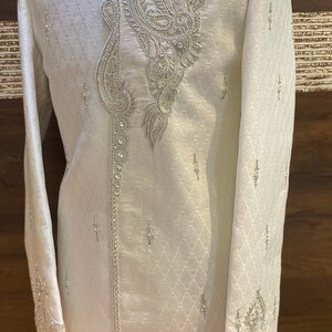 Groomsmen, groom Sherwani,Indian groom wear, white sherwani,groom outfit, groom wear, shawl, beige groom outfit,kurta jacket, turban, image 8