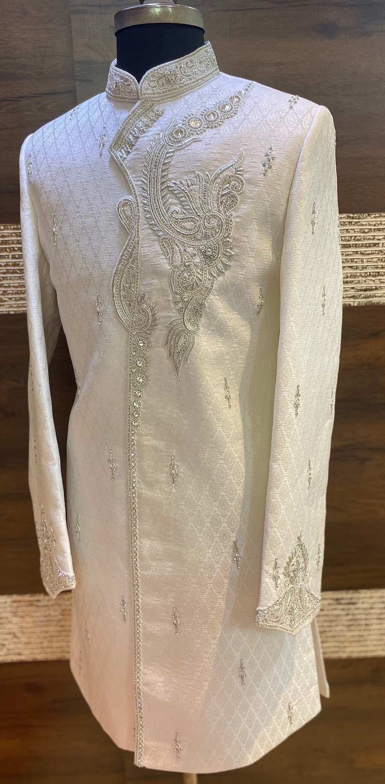 Groomsmen, groom Sherwani,Indian groom wear, white sherwani,groom outfit, groom wear, shawl, beige groom outfit,kurta jacket, turban, image 8