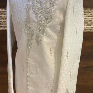 Groomsmen, groom Sherwani,Indian groom wear, white sherwani,groom outfit, groom wear, shawl, beige groom outfit,kurta jacket, turban, image 2
