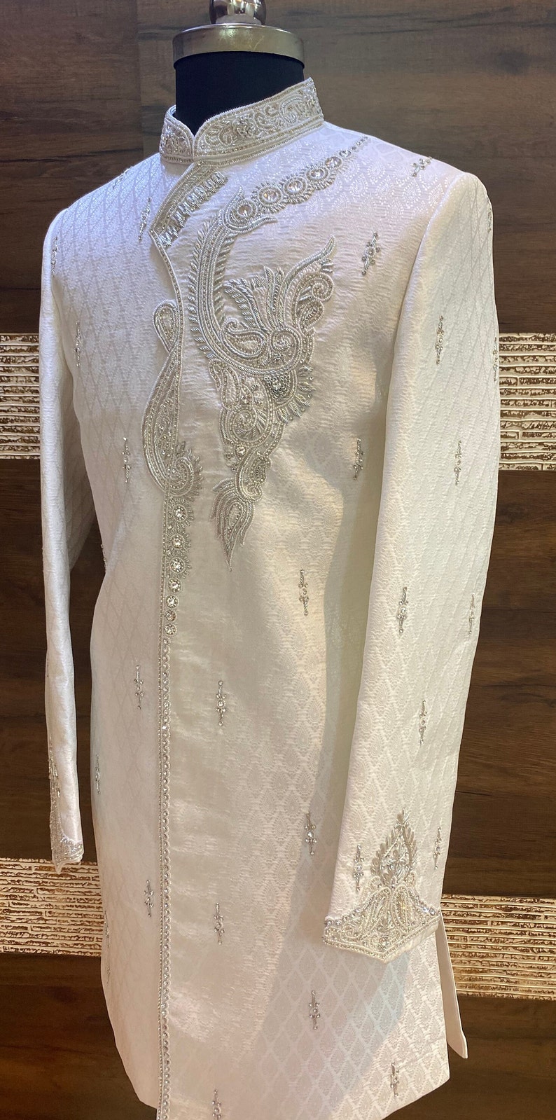 Groomsmen, groom Sherwani,Indian groom wear, white sherwani,groom outfit, groom wear, shawl, beige groom outfit,kurta jacket, turban, image 2