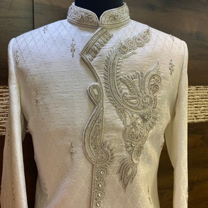 Groomsmen, groom Sherwani,Indian groom wear, white sherwani,groom outfit, groom wear, shawl, beige groom outfit,kurta jacket, turban, image 3