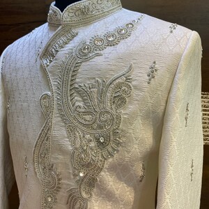 Groomsmen, groom Sherwani,Indian groom wear, white sherwani,groom outfit, groom wear, shawl, beige groom outfit,kurta jacket, turban, image 5