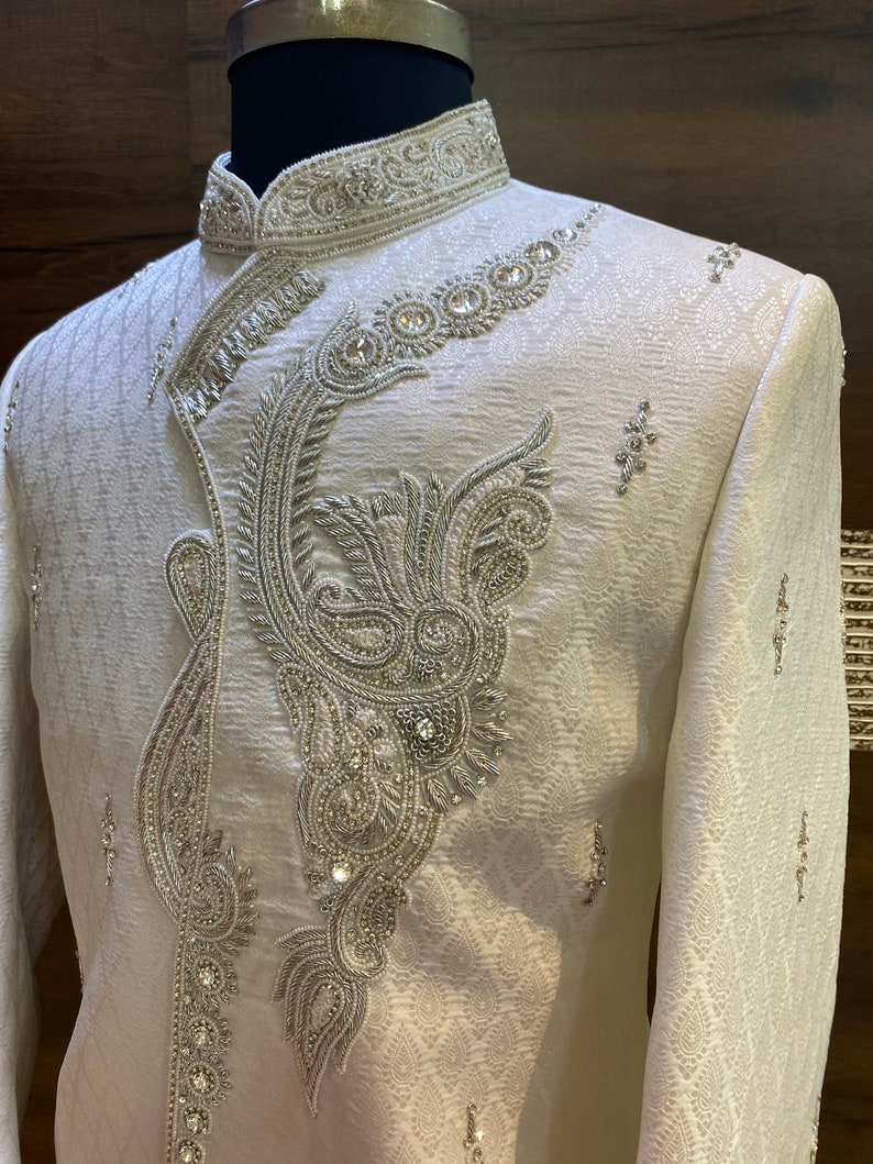 Groomsmen, groom Sherwani,Indian groom wear, white sherwani,groom outfit, groom wear, shawl, beige groom outfit,kurta jacket, turban, image 5