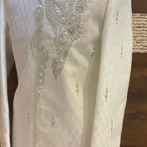 Groomsmen, groom Sherwani,Indian groom wear, white sherwani,groom outfit, groom wear, shawl, beige groom outfit,kurta jacket, turban, image 7