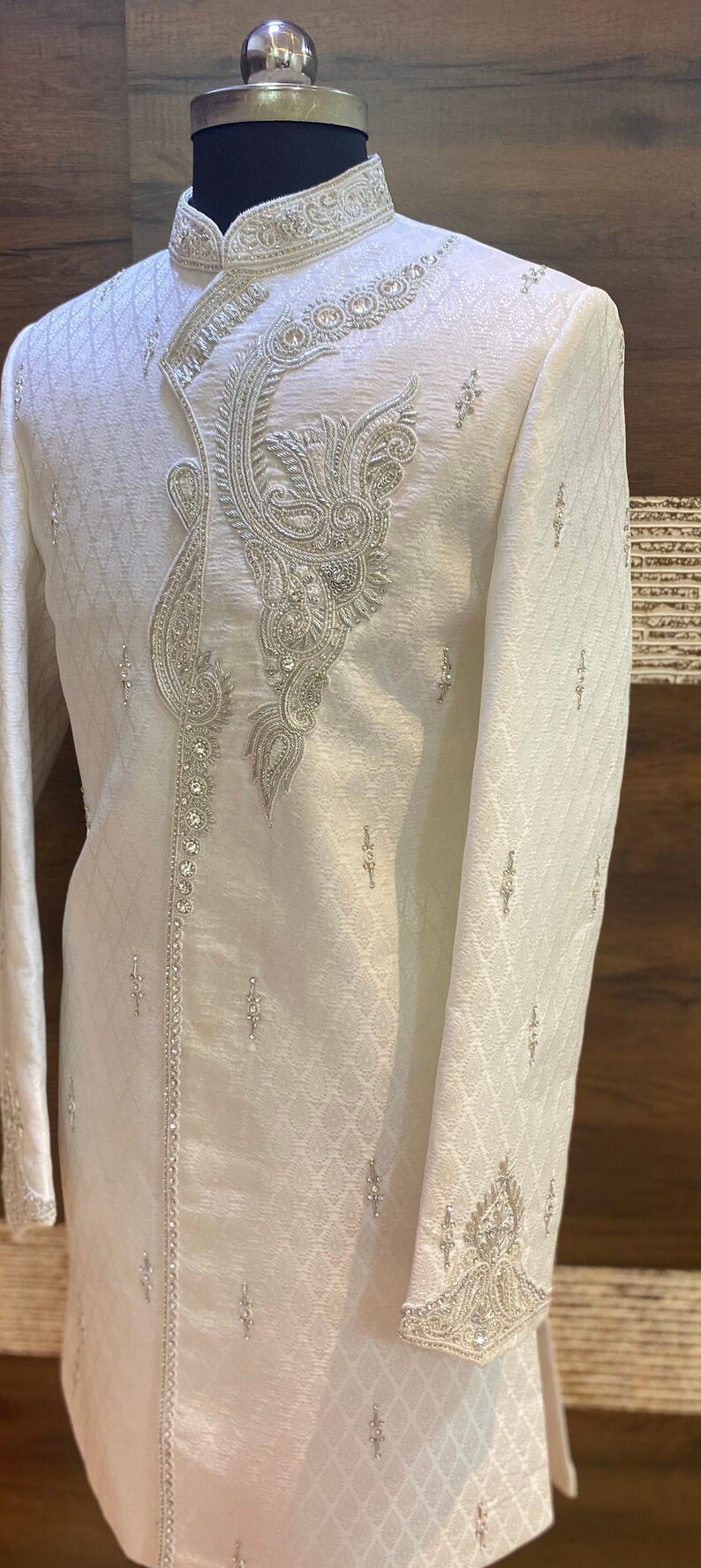 Groomsmen, groom Sherwani,Indian groom wear, white sherwani,groom outfit, groom wear, shawl, beige groom outfit,kurta jacket, turban, image 7