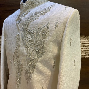 Groomsmen, groom Sherwani,Indian groom wear, white sherwani,groom outfit, groom wear, shawl, beige groom outfit,kurta jacket, turban, image 4