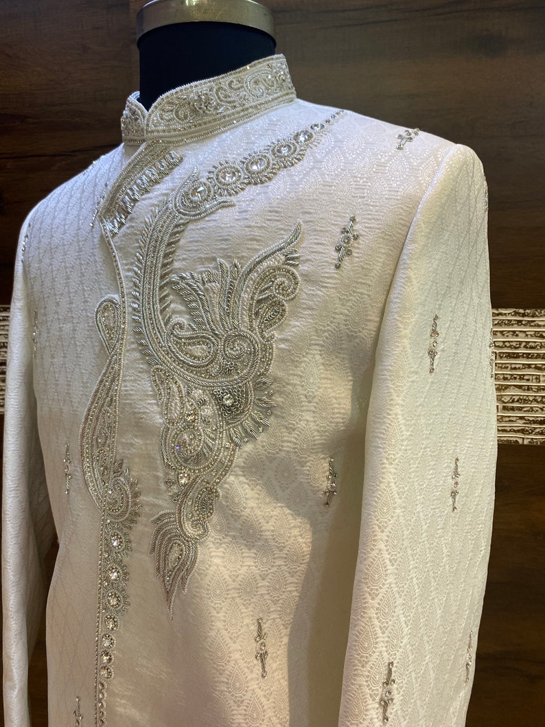 Groomsmen, groom Sherwani,Indian groom wear, white sherwani,groom outfit, groom wear, shawl, beige groom outfit,kurta jacket, turban, image 4
