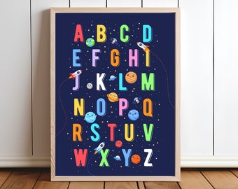 Kinderzimmer Kinder Poster / Druck / Print ! Alphabet Abenteuer von A bis Z, buntes Kinder ABC Lernposter mit Weltraum Details