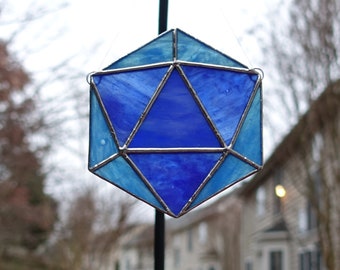 Stained Glass Small Blue Twenty-Sided Die Panel