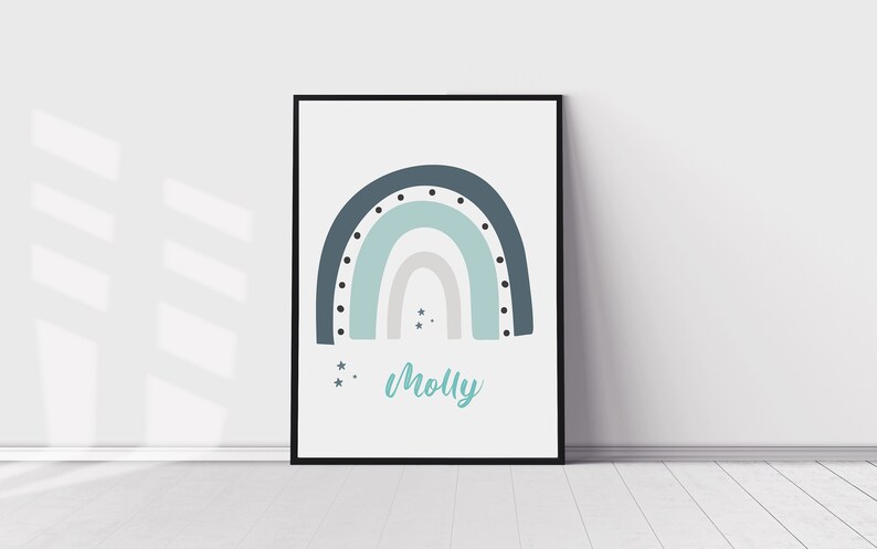 Baby Gifts Baby Print Bedroom Prints Boys /& Girls Name Children/'s Nursery Decor Personalised Navy and Grey Rainbow Print with Name