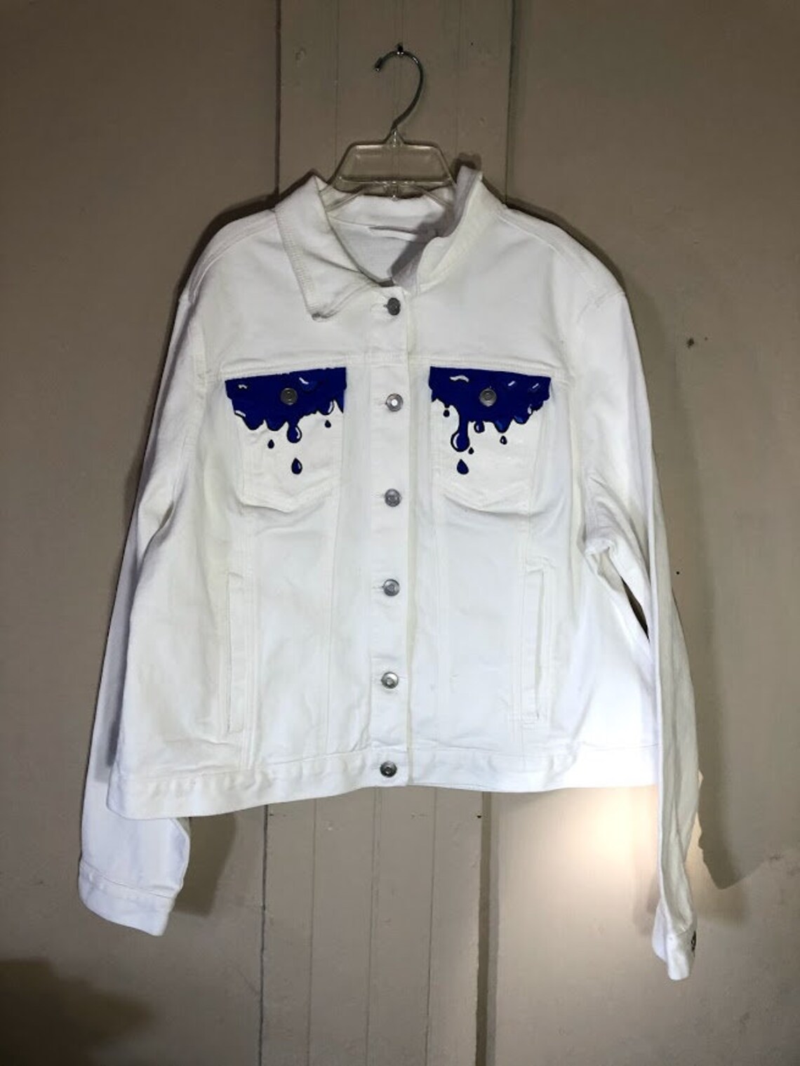 Artsy drippy lip white jean jacket Etsy