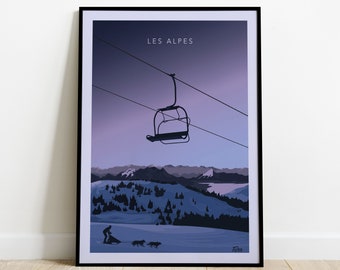 Les Alpes Travel Poster / Affiche Voyage Télésiège chiens de traineaux  / Poster Vintage Montagnes Sports d'Hiver