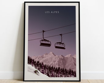 Les Alpes Travel Poster / Affiche Voyage Télésiège Ski  / Poster Vintage Montagnes Sports d'Hiver