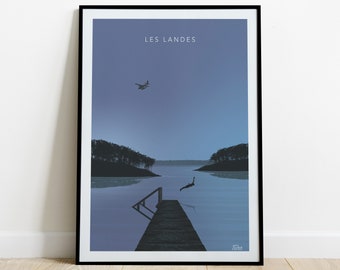 Les Landes Travel Poster / Affiche Voyage ponton lac des Landes / Poster Vintage Sud Ouest Océan Forêt Vague