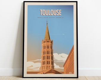 Toulouse Travel Poster / Affiche Basilique Saint-Sernin / Poster Ville rose / Illustration Toulouse