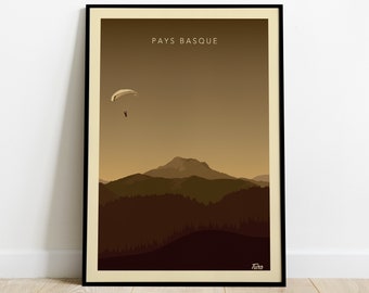 Basque Country Travel Poster / Poster Paragliding Travel in the Pyrenees / Vintage Poster West Coast South West