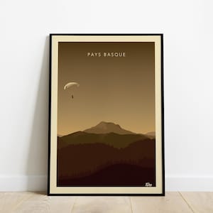 Basque Country Travel Poster / Paragliding Travel Poster in the Pyrenees / Vintage South West Coast Poster