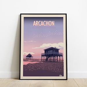 Arcachon Travel Poster / Poster of the Cabanes Tchanquées / Vintage Poster West Coast Arcachon Bay