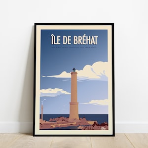 Insel Bréhat Reiseposter / Poster Leuchtturm von Héaux de Bréhat / Vintage Poster Leuchtturm der Bretagne Frankreich