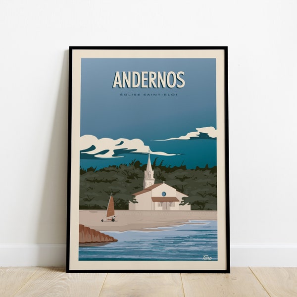 Andernos Travel Poster / Affiche Eglise Saint-Eloi / Poster Vintage Côte Ouest Bassin d'Arcachon